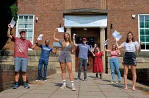 Shrewsbury Colleges Group students celebrating. From left are Ben Baker, Nilavan Thipaharan, Lauren Ainscough, Ryan Meddins, Heidi Clark, Olivia Swift and Neve Jones, all from Shrewsbury
