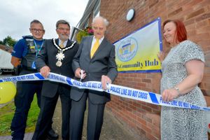 Les Cherrington was joined by mayor Robert Harrop,town clerk Denise Reynolds, and PCSO Steve Breese at the opening of the Shifnal Community Hub