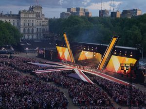 A view of the stage and crowd at the VE Day concert