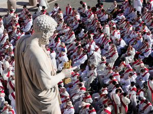 Clergy take their seats for the funeral of Pope Francis in St Peter’s Square at the Vatican