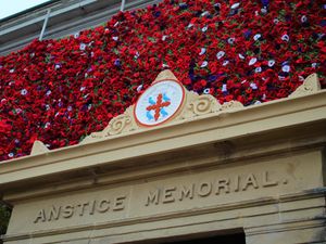 Supporting image for story: Thousands of poppies draped over Telford's landmark Anstice building for Remembrance Sunday