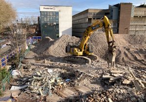 Demolition progress at the Riverside Shopping Centre side on Smithfield Road, Shrewsbury, on Monday, February 3, 2025.