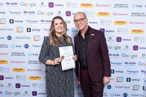 Vanessa Woollatt, founder of Critters Academy pictured with Theo Paphitis after receiving a small business sunday award. 