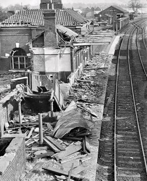 nostalgia pic. Newport. The demolition of Newport railway station. Newport station demolition. This took place in March 1968 (there is not date with this print though). The print has the Newport Advertiser copyright stamp. This is one of a number of pictures from Paul France of Madeley, paul-france@sky.com but were given to him. i.e. ‘One of the ladies at Hill Top Stores (Madeley) recently gave me a carrier bag full of old photos, negatives and slides taken by her late husband. He was a professional photographer called Peter Hayward who worked at the Shropshire Star, The Dawley Observer, the Newport Advertiser as well as some time in Newark. He was a train buff so most of the stuff is pictures of engines not just steam, but umpteen pics of diesel engines, overhead electric etc. There are also numerous brown envelopes ( thankfully carefully labelled!) containing negatives.’ Paul’s contact details are: 4 Upper Dingle, Madeley, 01952 793473 or 0753 1050 294. Library code: Newport nostalgia 2017.