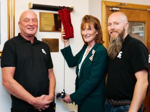 Lord Lieutenant of Shropshire Anna Turner with Crowsmill Craft Centre founders Mark Chiswell, left, and Dickon Pitt who has now received an invite to the palace