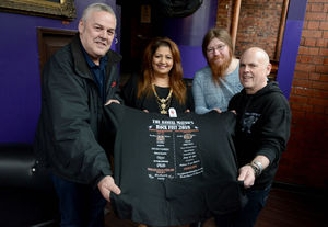 Mayoress Asha Mattu is presented a Mayor's Rock Fest 2018 shirt by event organiser former mayor Councillor Ian Brookfield, Brett Hall and Doddy White