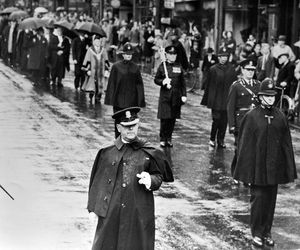 The Mayor of Wolverhampton, Councillor T.W. Phillipson, members of the council and Corporation officials walking to a thanksgiving service at Darlington Street Church in Wolverhampton on the morning of VJ Day.