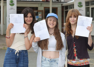 Ysgol Llanfyllin A Level results - with Emmy Nazar (A in Art, A in Drama and B in English) Meggie Thomas (A in English, A Drama, B in Photography and a C in Welsh) and Glesni Woodman (A in Psychology, A Biology, B in Maths and B in Chemistry). Photo: Phil Blagg Photography
