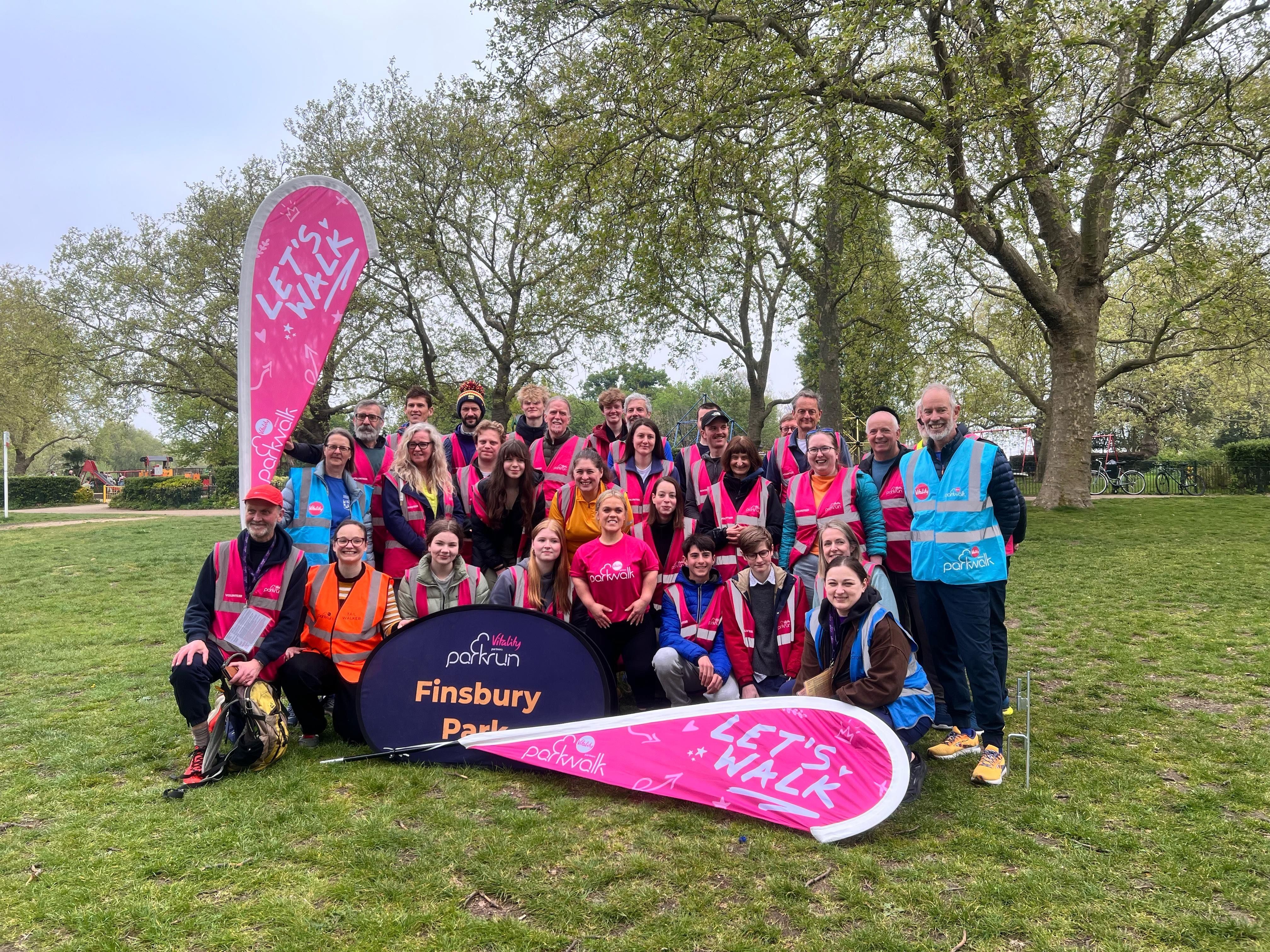 Paul Sinton-Hewitt and Ellie Simmonds at Finsbury parkrun as the parkwalk record was smashed on parkrun and Vitality’s ‘Let’s Walk’ day.