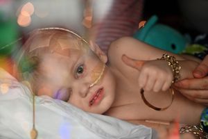 Tommy looking through window.