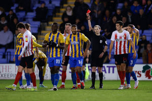 David Davis of Shrewsbury Town is shown a red card and sent off. (AMA)