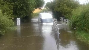A van is stuck in Trescott Ford. Picture: @alisonburkex