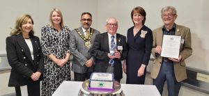 Deputy Lord Lieutenant Jenny Wynn, Councillor Carolyn Healy, Mayor of Telford Councillor Raj Mehta, Chairman of FOTTP Chris Pettman, Lord Lieutenant of Shropshire Anna Turner and Vice Chairman of FOTTP, Colin Thompson.