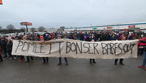 Walsall fans protest about the board at Banks's Stadium.