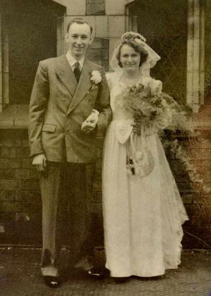 Jim and Margaret Hemmings outside St Phillips Church in West Bromwich on their wedding day in 1950