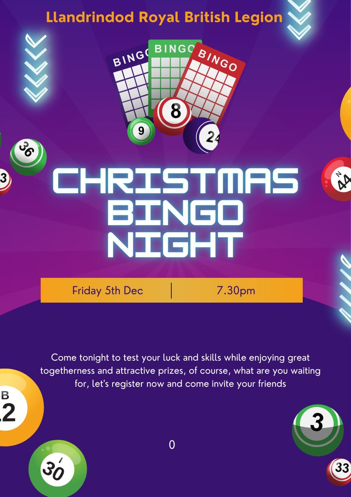 Christmas bingo event at a Llandrindod Wells venue