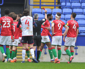 Ex-Walsall defender Hayden White is sent off against Bolton in 2021.
