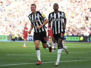 Newcastle’s Alexander Isak (right) celebrates scoring at West Ham with team-mate Dan Burn