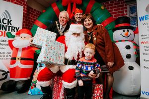 Mayor of Dudley Councillor David Stanley, Presenter Clive Payne, Anne Millward, Father Christmas and Joseph Pickin