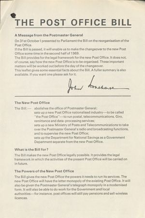 A leaflet about the Post Office Bill, 1968, which would effectively make his role redundant