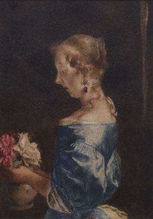 Lady in a blue dress arranging flowers in a vase by William John Wainwright valued at up to £300.