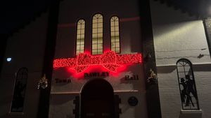 Dawley Town Hall, decorated with a festive bow.
