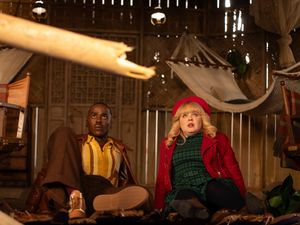 Supporting image for story: Ncuti Gatwa and Nicola Coughlan face dinosaur in Doctor Who Christmas trailer