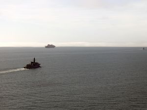 Royal Navy frigate HMS Somerset (left) follows Russian corvette Boikiy