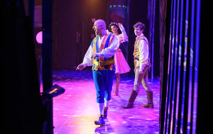 Matt Slack as Jake Trott, Alexandra O'Reilly as Jack Trott and Billie-Kay as Princess Jill. Photo: Simon Hadley