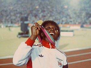 Tessa Sanderson with her Olympic gold medal in 1984