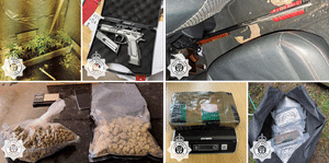 Drugs, guns and money were seized.