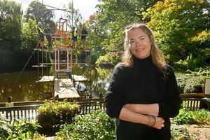 Jessica Richards, Founding Director of Shrewsbury Arts Trail, pictured with last year's sculpture in The Dingle when it was being dismantled. 