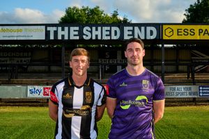 Stafford Rangers have unveiled their new 150th anniversary kits by Harlequin Teamwear. Pictured (left in the new home kit) is Andy Burns and Jimmy O’Neill. Via: Stafford Rangers/Jamie Maaskant. 