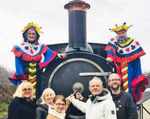 Judith and Stuart Marvin of Montgomeryshire Community Drama Association, Tim Parkes, Alan Bleasdale and Lesley-Ann Bleasdale of Rebel Alliance, Cheryl Walker of British Sign Language, and Julie Ball take to the railway stage before next July’s theatre experience. Photo: C Davies