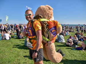 James Page with a a two-metre bear strapped to his back