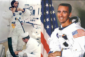 Walt suits up with a technician on launch morning. October 11, 1968, and in an aofficial NASA picture