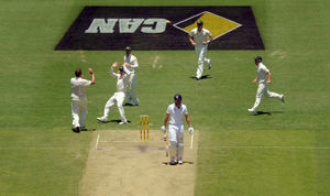 Australia's Ryan Harris (left) celebrates taking the wicket of England's Alastair Cook (centre)