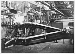 R. O. (Pressings and Fabrications) Ltd, part of the Rubery Owen Group of Companies, founded in Darlaston, was celebrating its first birthday at the 1980 Motor Show at the NEC in Birmingham. The photograph shows the fabrication of the Leyland National bus rear suspension