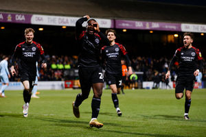 Christian Saydee of Shrewsbury Town celebrates after scoring a goal to make it 0-1..