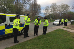 Police taking part in a search for Russell Blent in Meole Brace