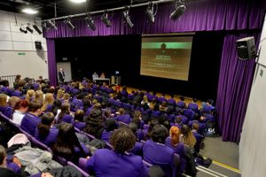 The theatre at Aldersley High School was full to capacity for the visit of Mindu Hornick