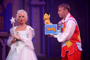 Debbie McGee on stage with Richard Cadell, aka Muddles, and Sooty