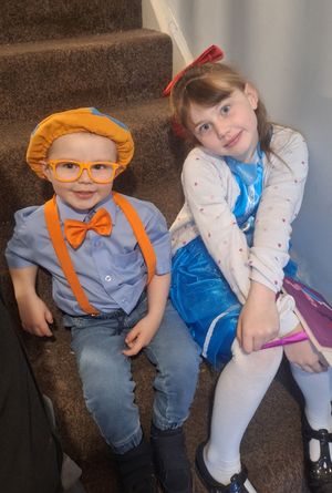 Sophie Owen shared this picture of Jaxon, 3, as Blippi, and Lilly, 7, as Matilda. 
