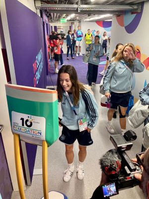 Spain star Aitana Bonmatí interacts with the Bridgnorth Spartans players