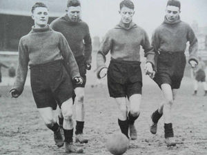 Billy Hartill (second from right) training at Molineux, alongside Charlie Phillips (left), Jimmy Deacon (right) and Walter Bottrill