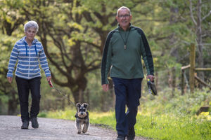 A couple walking their dog in Wyre Forest