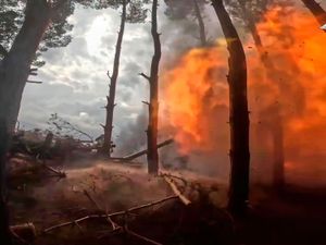 A gun fires in a wooded area