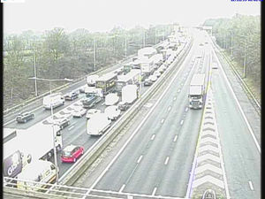 Supporting image for story: '45 minute delays' as two lanes close on M5 near Birmingham due to fallen tree damaging road sign