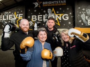 Jack Clements from McPhillips with Joe Lockley, founding director of Bright Star Boxing, Sonia Roberts, Shropshire Community Foundation trustee and Val Hardy, McPhillips company secretary