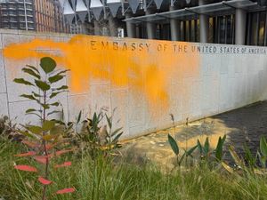 Supporting image for story: Just Stop Oil supporters paint US embassy in London after Trump declares victory